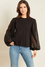 Load image into Gallery viewer, Black Cotton Top with Dobby Mesh Balloon Sleeves