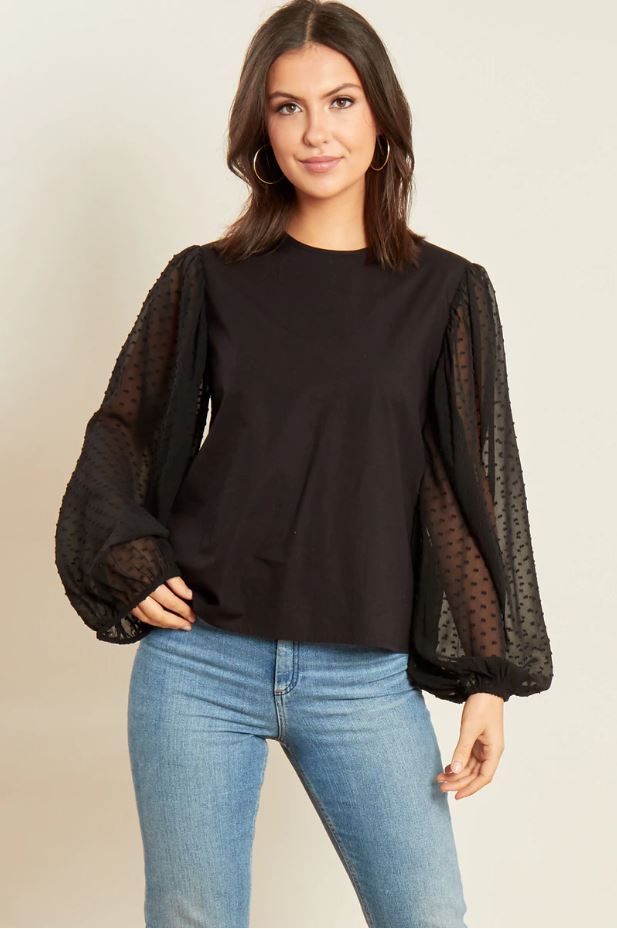 Black Cotton Top with Dobby Mesh Balloon Sleeves