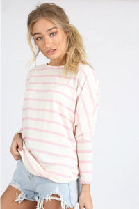 Pink Stripe Long Sleeve Batwing Dip Hem Top