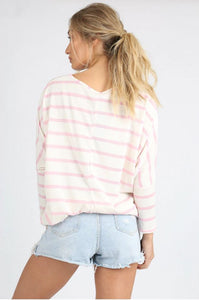 Pink Stripe Long Sleeve Batwing Dip Hem Top