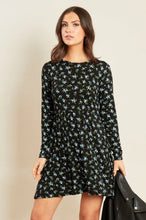 Load image into Gallery viewer, Black Jersey Ditsy Long Sleeve Mini Swing Dress