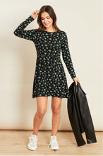 Load image into Gallery viewer, Black Jersey Ditsy Long Sleeve Mini Swing Dress