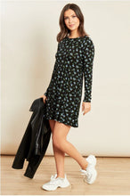 Load image into Gallery viewer, Black Jersey Ditsy Long Sleeve Mini Swing Dress