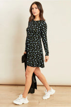 Load image into Gallery viewer, Black Jersey Ditsy Long Sleeve Mini Swing Dress