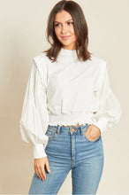 Load image into Gallery viewer, White High Neck Shirred Waist Sweater with Cotton Sleeves