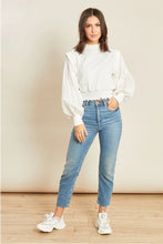 Load image into Gallery viewer, White High Neck Shirred Waist Sweater with Cotton Sleeves