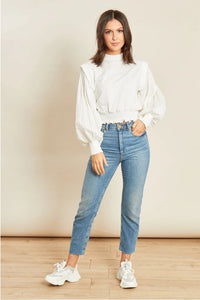 White High Neck Shirred Waist Sweater with Cotton Sleeves