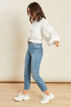 Load image into Gallery viewer, White High Neck Shirred Waist Sweater with Cotton Sleeves