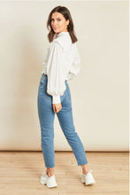 Load image into Gallery viewer, White High Neck Shirred Waist Sweater with Cotton Sleeves