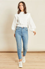 Load image into Gallery viewer, White High Neck Shirred Waist Sweater with Cotton Sleeves