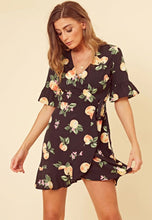 Load image into Gallery viewer, Black Fruit Print Wrap Frill Hem Mini Dress