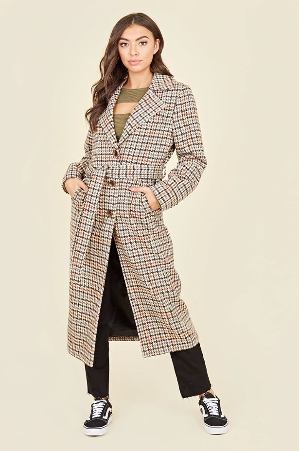 Brown Houndstooth Belted Tortoise Shell Button Trench Coat