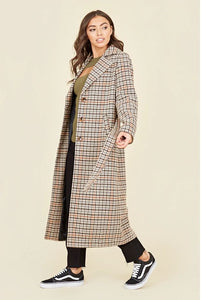 Brown Houndstooth Belted Tortoise Shell Button Trench Coat