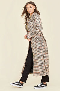 Brown Houndstooth Belted Tortoise Shell Button Trench Coat