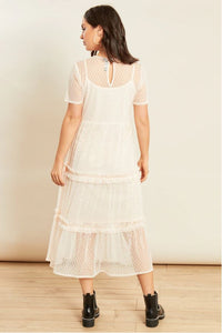 Pink Tiered Mesh Midi Ruffle Dress