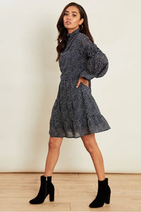 Navy Polka Dot High Ruffle Neck Georgette Dress