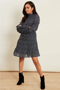 Navy Polka Dot High Ruffle Neck Georgette Dress