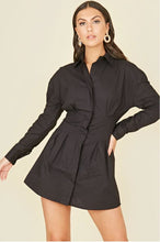 Load image into Gallery viewer, Black Cotton Poplin Pin Tuck Waist Shirt Dress