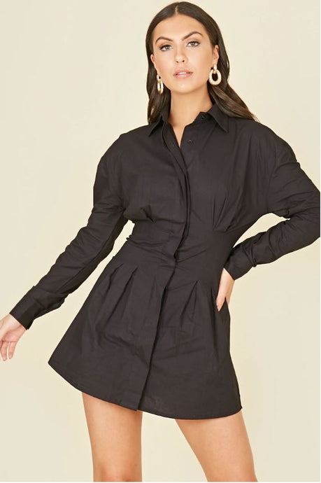 Black Cotton Poplin Pin Tuck Waist Shirt Dress