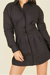 Black Cotton Poplin Pin Tuck Waist Shirt Dress