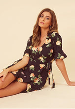 Load image into Gallery viewer, Black Fruit Print Wrap Frill Hem Mini Dress