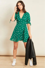 Load image into Gallery viewer, Green Spot Frill Hem Mini Wrap Dress