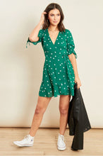 Load image into Gallery viewer, Green Spot Frill Hem Mini Wrap Dress