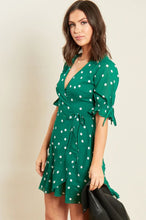 Load image into Gallery viewer, Green Spot Frill Hem Mini Wrap Dress