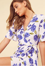 Load image into Gallery viewer, White Blue Floral Print Wrap Frill Hem Mini Dress