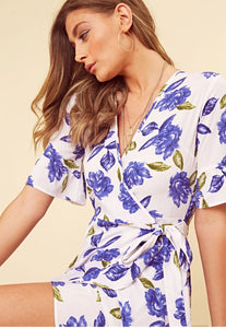 White Blue Floral Print Wrap Frill Hem Mini Dress