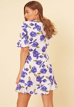 Load image into Gallery viewer, White Blue Floral Print Wrap Frill Hem Mini Dress