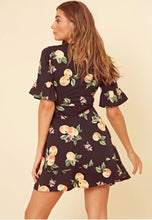 Load image into Gallery viewer, Black Fruit Print Wrap Frill Hem Mini Dress