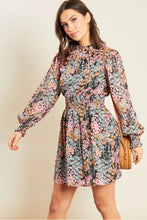 Load image into Gallery viewer, Pink Black Ditsy Print High Neck Shirred Waist Mini Dress