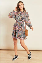 Load image into Gallery viewer, Pink Black Ditsy Print High Neck Shirred Waist Mini Dress