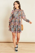 Load image into Gallery viewer, Pink Black Ditsy Print High Neck Shirred Waist Mini Dress