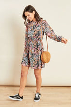 Load image into Gallery viewer, Pink Black Ditsy Print High Neck Shirred Waist Mini Dress