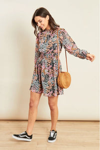 Pink Black Ditsy Print High Neck Shirred Waist Mini Dress