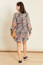 Load image into Gallery viewer, Pink Black Ditsy Print High Neck Shirred Waist Mini Dress