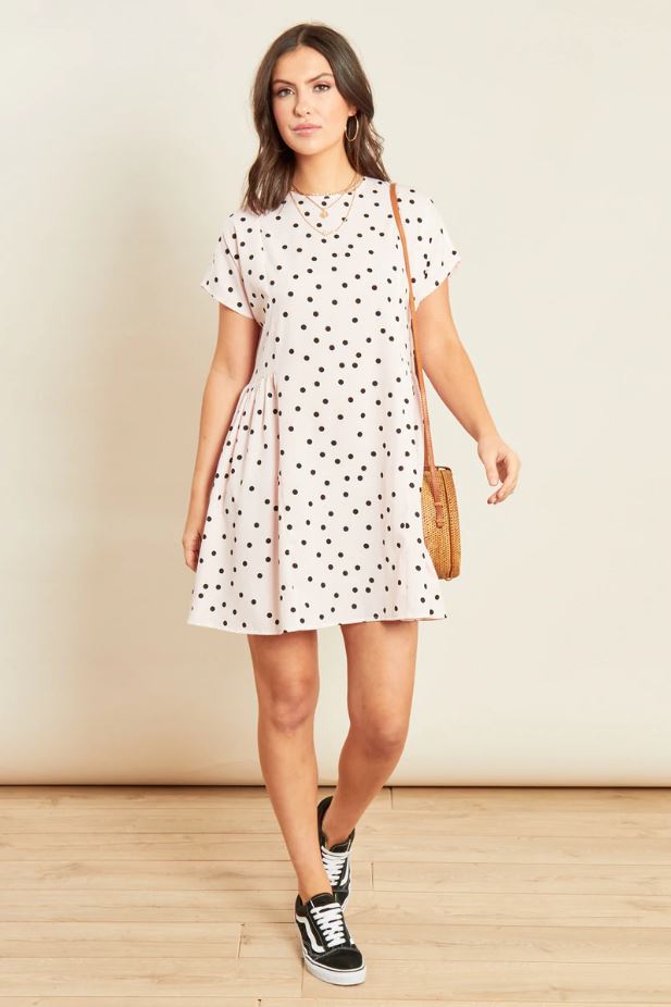 Pink Polka Dot Mini Smock Dress