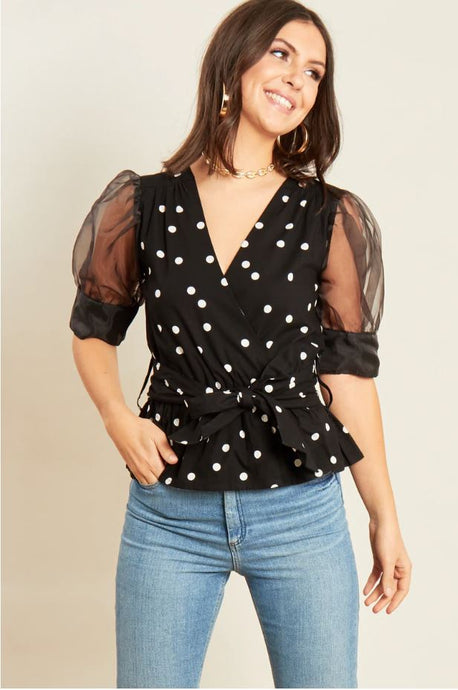 Black White Spot Cotton Poplin Wrap Top with Organza Sleeves