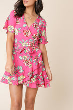 Load image into Gallery viewer, Pink Floral Print Wrap Frill Skirt Mini Dress