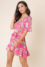 Load image into Gallery viewer, Pink Floral Print Wrap Frill Skirt Mini Dress