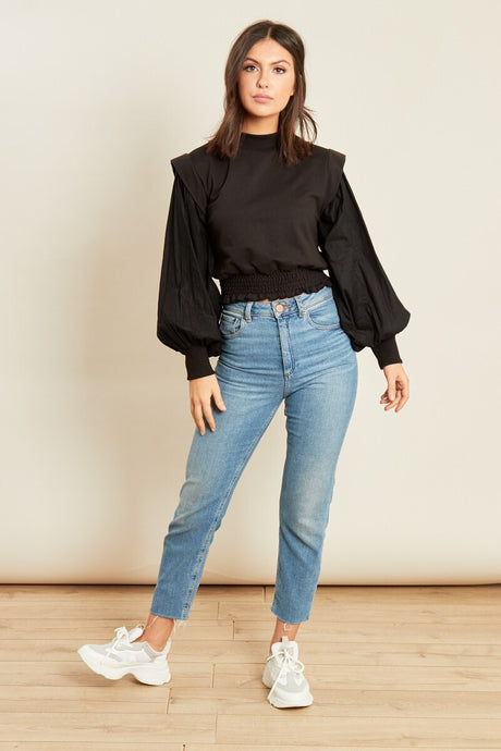 Black High Neck Shirred Waist Sweater with Cotton Sleeves