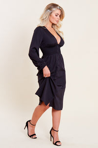 Black Shirred Waist Button Through Midi Tea Dress