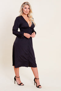 Black Shirred Waist Button Through Midi Tea Dress