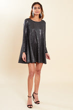 Load image into Gallery viewer, Black Sequin Glitter Long Sleeve Mini Skater Dress