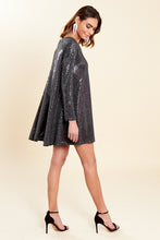 Load image into Gallery viewer, Black Sequin Glitter Long Sleeve Mini Skater Dress